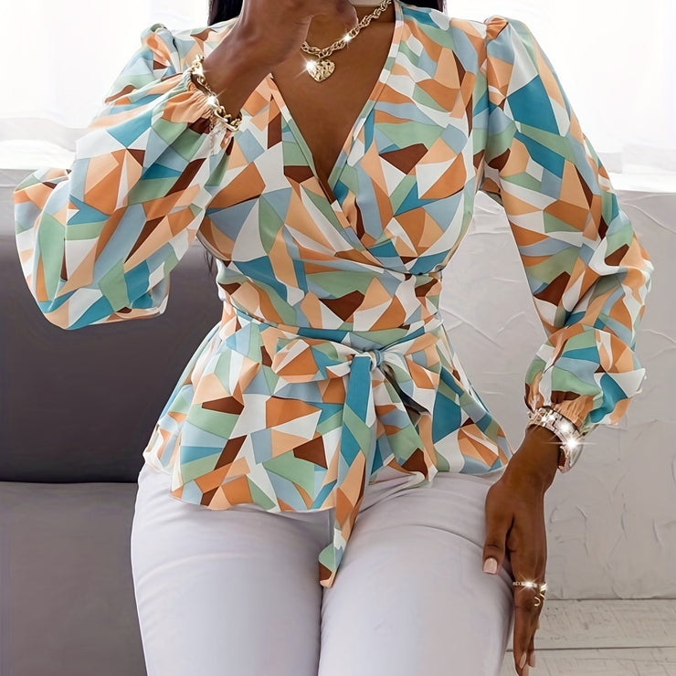 Chic Belted Blouse for Women - Teal Blue/Brown/Orange/Beige/White/Gray/Black Non-See-Through Office to Party Shirt with Adjustable Waist Tie Machine Washable Casual Wear Deep Vneck Breathable Material