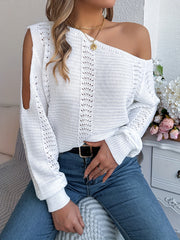 Women's Casual Solid Color Hollow - Out Off - Shoulder Long - Sleeve Pullover Sweater - Fashion Trend Long - Sleeve Slim - Fitting Top for Women - Daily Commute Outfit
