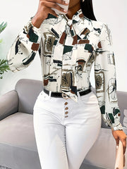 Chic Abstract Print Tie Neck Blouse Flattering Long Sleeves Women's Office Wear Casual V-neck Polyester