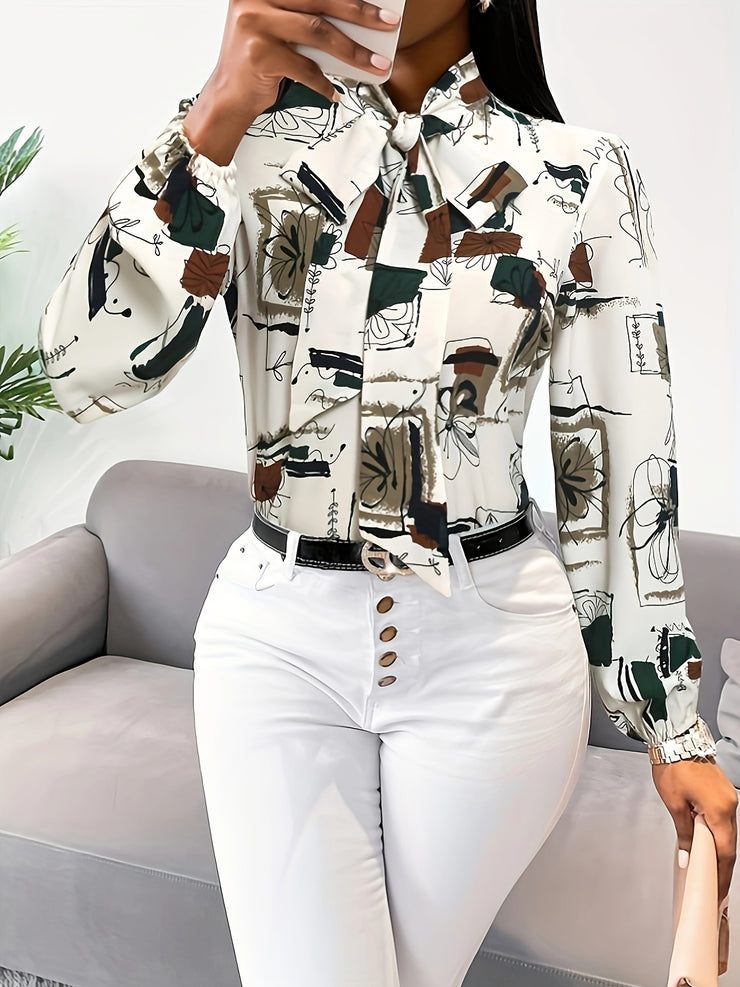 Chic Abstract Print Tie Neck Blouse Flattering Long Sleeves Women&