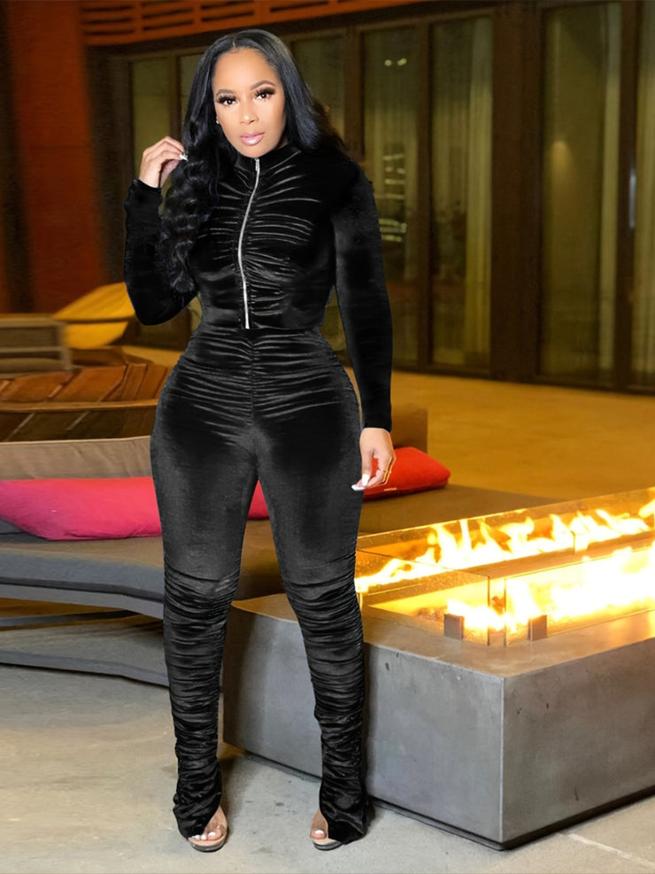 Long Sleeve Crop Top & High Waist Ruched Ruffle Pants Set Soft Polyester Knit Casual Wear Eye Catching Solid Color for Women