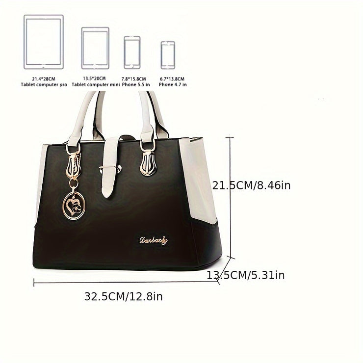 Elegant Double Handle Shoulder Bag for Women with Letter Detail Simple Large Handbag Zippered Removable Strap Work Accessory