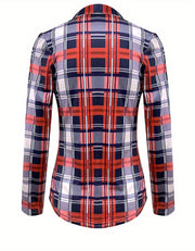 Women's Plaid Print Long Sleeve V Neck Blouse Comfortable Polyester Blend Drawstring Detailing Regular Fit Casual Top