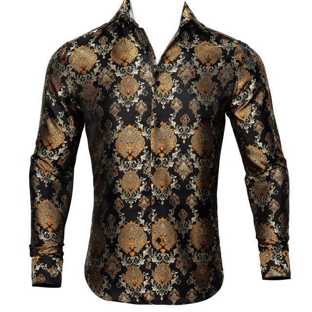 Barry.Wang Teal Paisley Floral Silk  Autumn Long Sleeve Casual Flower Designer Fit Dress Shirt