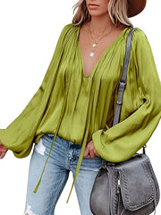 Women's Satin V-Neck Long Sleeve Blouse Casual Lantern Sleeve Top Solid Color Polyester Spandex Blend Woven Shirt for All Seasons