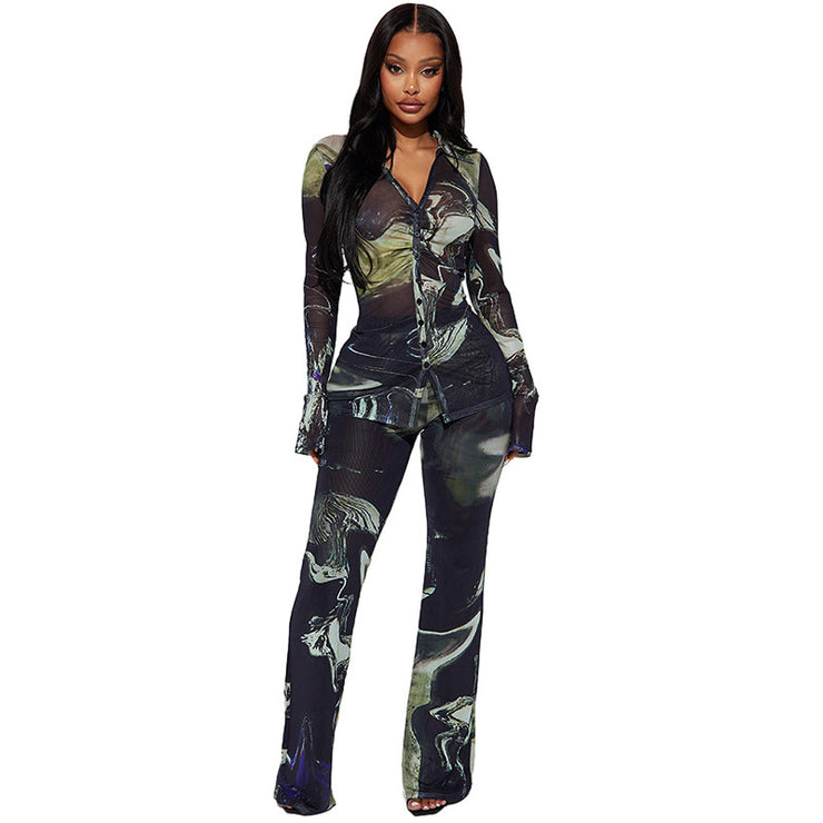 Casual Positioning Printing Lapel Pleated Button Top Two-piece SetPants