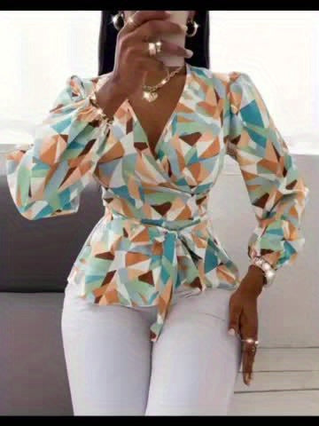 Chic Belted Blouse for Women - Teal Blue/Brown/Orange/Beige/White/Gray/Black Non-See-Through Office to Party Shirt with Adjustable Waist Tie Machine Washable Casual Wear Deep Vneck Breathable Material