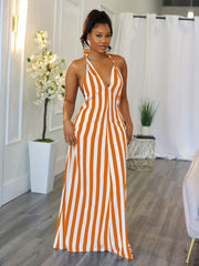 Women's Striped V-neck Halter Dress Backless Design for Spring & Summer Sexy Slip Dress 100% Polyester