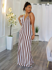 Women's Striped V-neck Halter Dress Backless Design for Spring & Summer Sexy Slip Dress 100% Polyester