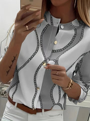 Women's Trendy Boho Chain Print Blouse Rollable Sleeves Stand Collar Durable Non-Sheer Easy Care Top for Spring/Summer/Fall