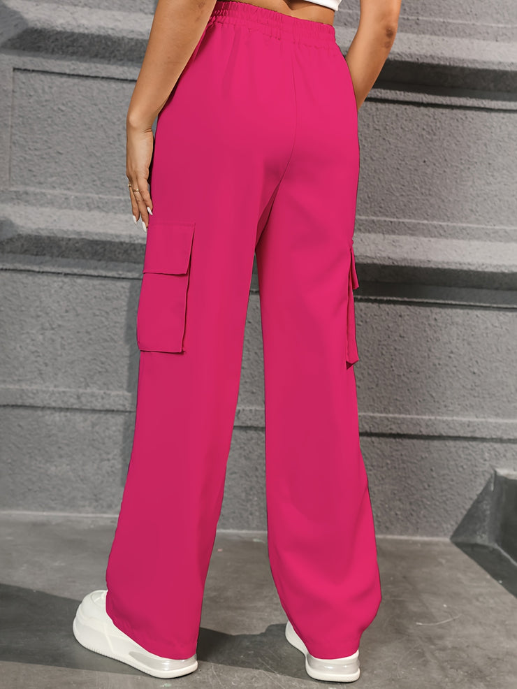 Straight Leg Cargo Pants, High Waist Solid Pants For Spring & Fall, Women&