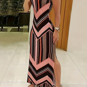 Women's Sleeveless Maxi Dress Geometric Print Stretchy Comfortable Casual Summer Long Length Side Slit Spring Clothing