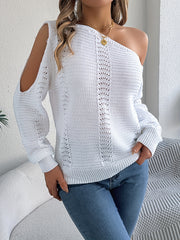 Women's Casual Solid Color Hollow - Out Off - Shoulder Long - Sleeve Pullover Sweater - Fashion Trend Long - Sleeve Slim - Fitting Top for Women - Daily Commute Outfit