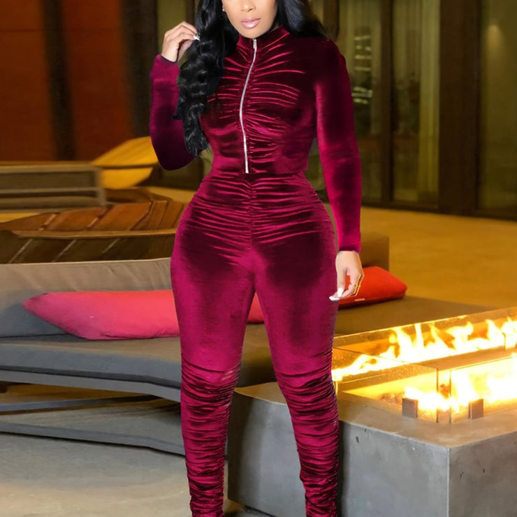 Long Sleeve Crop Top & High Waist Ruched Ruffle Pants Set Soft Polyester Knit Casual Wear Eye Catching Solid Color for Women