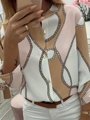 Women's Trendy Boho Chain Print Blouse Rollable Sleeves Stand Collar Durable Non-Sheer Easy Care Top for Spring/Summer/Fall