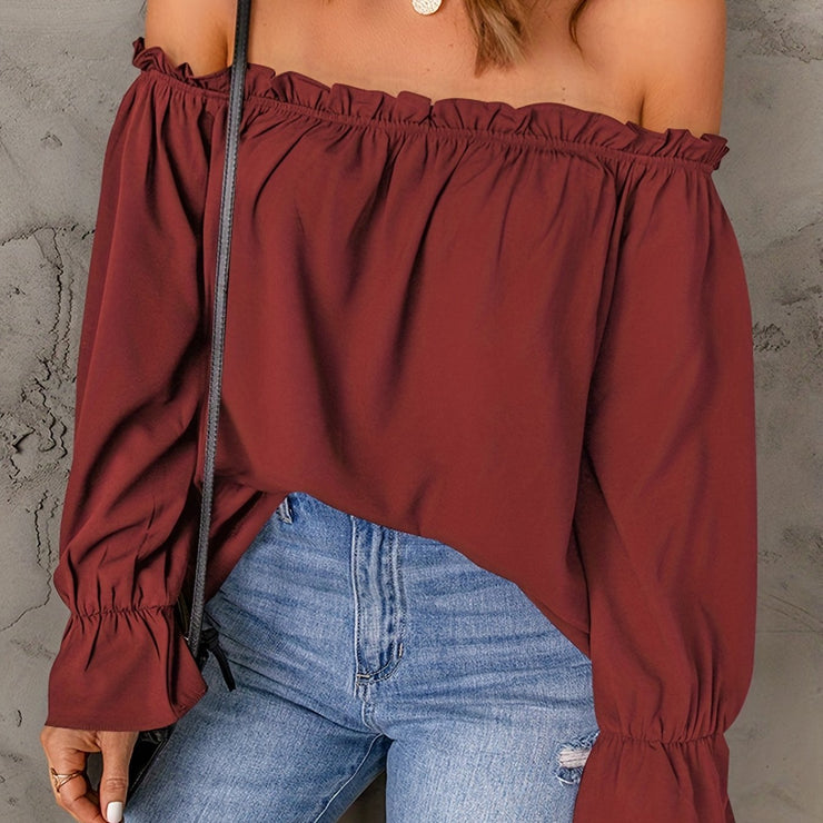 Flirty Off Shoulder Ruffle Trim Blouse - Soft & Flowy Long Sleeve Top for Spring & Fall - Womens Casual Daily Wear