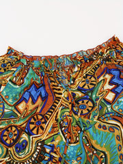 Women's Abstract Print Ruffle Trim Blouse Long Sleeve Off-Shoulder Elegant Woven Vacation Top