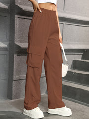 Straight Leg Cargo Pants, High Waist Solid Pants For Spring & Fall, Women's Clothing