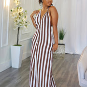 Women's Striped V-neck Halter Dress Backless Design for Spring & Summer Sexy Slip Dress 100% Polyester