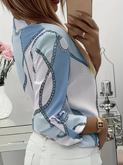 Women's Trendy Boho Chain Print Blouse Rollable Sleeves Stand Collar Durable Non-Sheer Easy Care Top for Spring/Summer/Fall