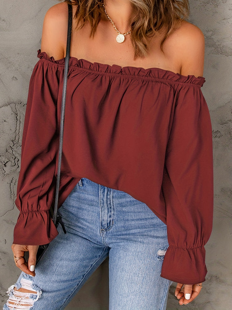 Flirty Off Shoulder Ruffle Trim Blouse - Soft & Flowy Long Sleeve Top for Spring & Fall - Womens Casual Daily Wear