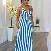 Women's Striped V-neck Halter Dress Backless Design for Spring & Summer Sexy Slip Dress 100% Polyester