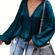 Women's Satin V-Neck Long Sleeve Blouse Casual Lantern Sleeve Top Solid Color Polyester Spandex Blend Woven Shirt for All Seasons