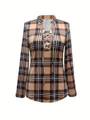 Women's Casual Long Sleeve V Neck Plaid Print Blouse Drawstring Detailing Comfortable Polyester Blend Regular Fit Top