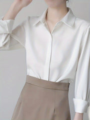 Women's 100% Polyester Long Sleeve Blouse Solid Color Non-Stretch Woven Lapel Collar Professional Business Shirt Sexy Anti-Wrinkle