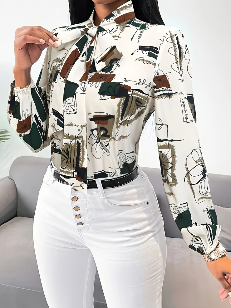 Chic Abstract Print Tie Neck Blouse Flattering Long Sleeves Women&