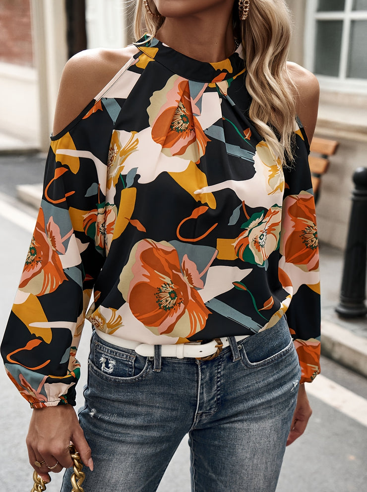Chic Floral Print Halter Neck Blouse for Women Elegant Cold Shoulder Long Sleeve Machine Washable Polyester Casual Stylish Top