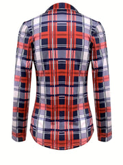 Women's Casual Long Sleeve V Neck Plaid Print Blouse Drawstring Detailing Comfortable Polyester Blend Regular Fit Top