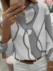 Women's Trendy Boho Chain Print Blouse Rollable Sleeves Stand Collar Durable Non-Sheer Easy Care Top for Spring/Summer/Fall