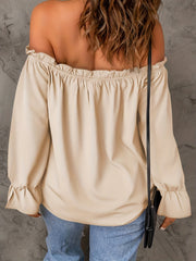 Flirty Off Shoulder Ruffle Trim Blouse - Soft & Flowy Long Sleeve Top for Spring & Fall - Womens Casual Daily Wear