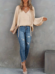 Women's Satin V-Neck Long Sleeve Blouse Casual Lantern Sleeve Top Solid Color Polyester Spandex Blend Woven Shirt for All Seasons