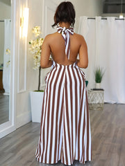 Women's Striped V-neck Halter Dress Backless Design for Spring & Summer Sexy Slip Dress 100% Polyester