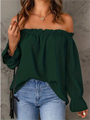 Flirty Off Shoulder Ruffle Trim Blouse - Soft & Flowy Long Sleeve Top for Spring & Fall - Womens Casual Daily Wear