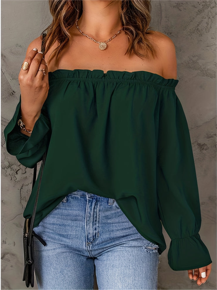 Flirty Off Shoulder Ruffle Trim Blouse - Soft & Flowy Long Sleeve Top for Spring & Fall - Womens Casual Daily Wear