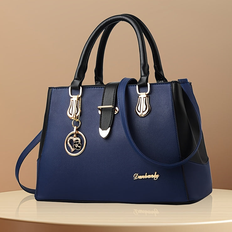 Elegant Double Handle Shoulder Bag for Women with Letter Detail Simple Large Handbag Zippered Removable Strap Work Accessory