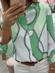 Women's Trendy Boho Chain Print Blouse Rollable Sleeves Stand Collar Durable Non-Sheer Easy Care Top for Spring/Summer/Fall