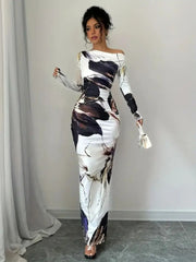 Elegant Off-Shoulder Tie-Dye Floral Print Bodycon Dress for Women Stretchy Polyester-Spandex