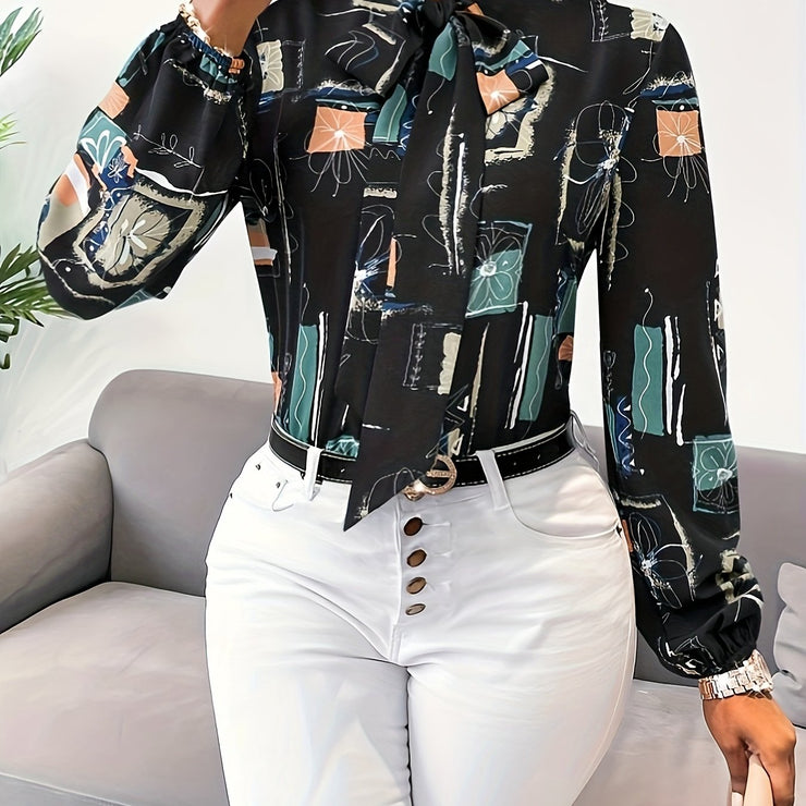 Chic Abstract Print Tie Neck Blouse Flattering Long Sleeves Women&