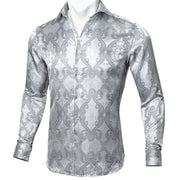 Barry.Wang Teal Paisley Floral Silk  Autumn Long Sleeve Casual Flower Designer Fit Dress Shirt