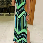 Women's Sleeveless Maxi Dress Geometric Print Stretchy Comfortable Casual Summer Long Length Side Slit Spring Clothing