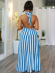 Women's Striped V-neck Halter Dress Backless Design for Spring & Summer Sexy Slip Dress 100% Polyester