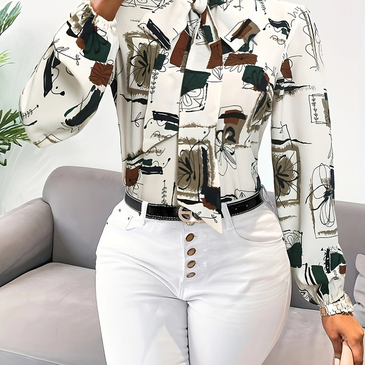 Chic Abstract Print Tie Neck Blouse Flattering Long Sleeves Women&