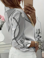 Women's Trendy Boho Chain Print Blouse Rollable Sleeves Stand Collar Durable Non-Sheer Easy Care Top for Spring/Summer/Fall