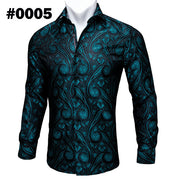 Barry.Wang Teal Paisley Floral Silk  Autumn Long Sleeve Casual Flower Designer Fit Dress Shirt