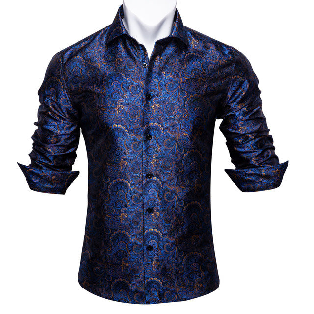 Barry.Wang Teal Paisley Floral Silk  Autumn Long Sleeve Casual Flower Designer Fit Dress Shirt