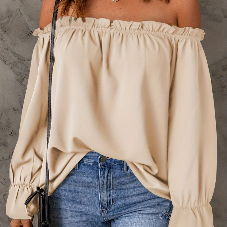 Flirty Off Shoulder Ruffle Trim Blouse - Soft & Flowy Long Sleeve Top for Spring & Fall - Womens Casual Daily Wear